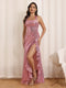 Sheath/Column Halter Long Prom Dresses with Sequins & Split Side