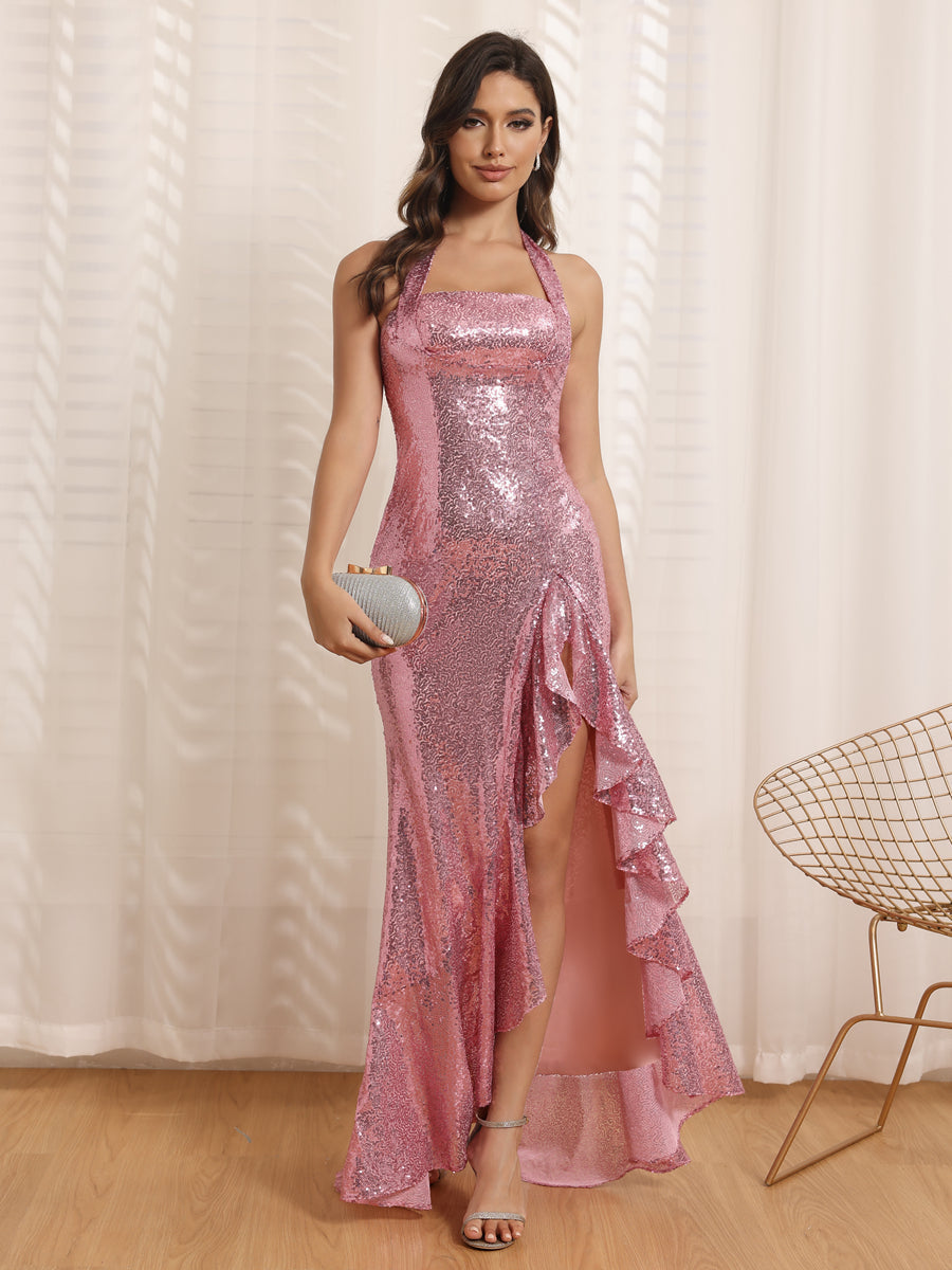 Sheath/Column Halter Long Prom Dresses with Sequins &amp; Split Side
