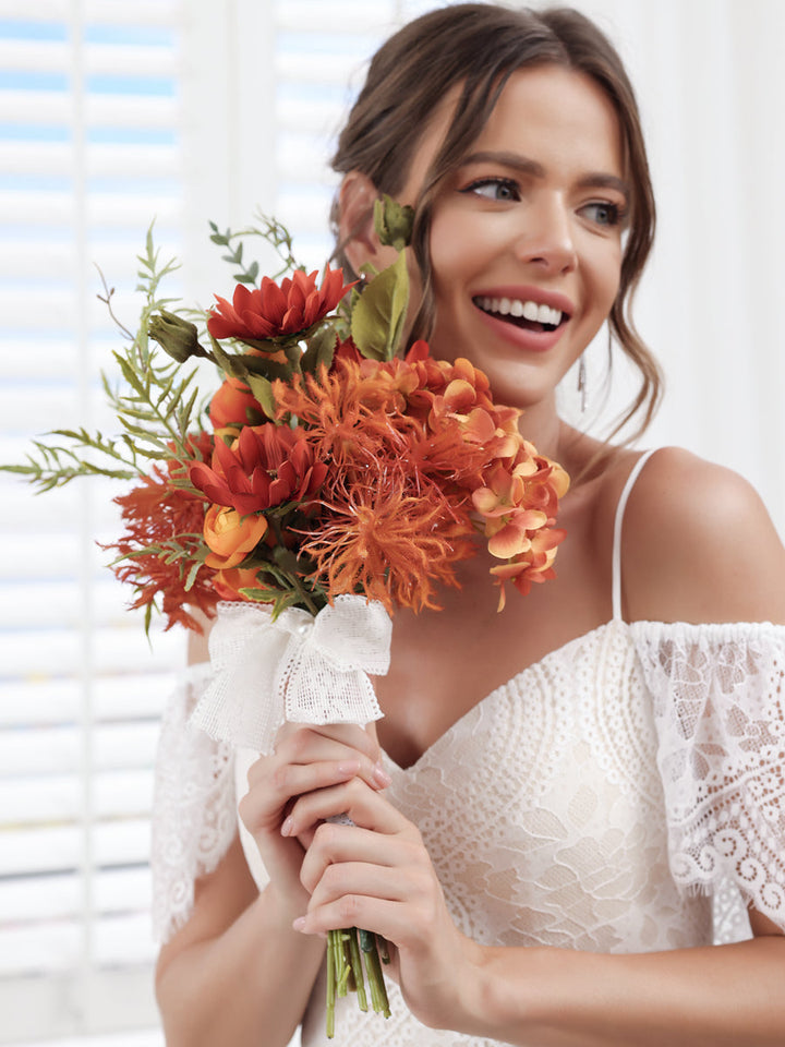 Artificial Hand-Tied Wedding Bridal Bouquets with Bowknot in Sunset Red &amp; Orange