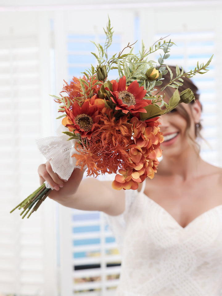 Artificial Hand-Tied Wedding Bridal Bouquets with Bowknot in Sunset Red &amp; Orange