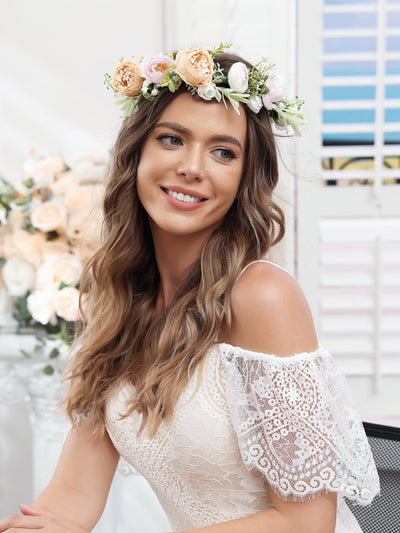 Artificial 3 Colors Wedding Flower Crowns with Champagne Ribbon