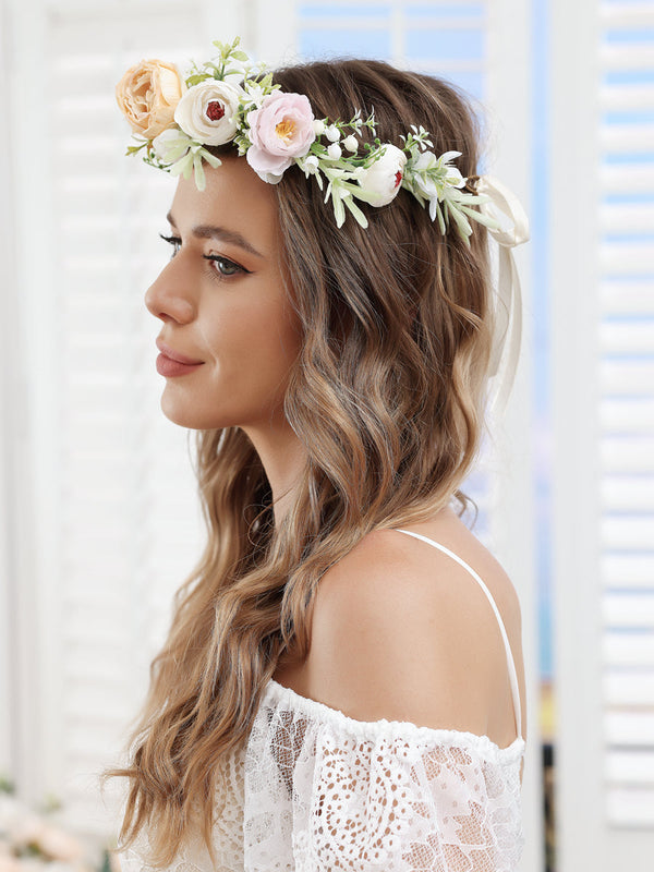 Artificial 3 Colors Wedding Flower Crowns with Champagne Ribbon