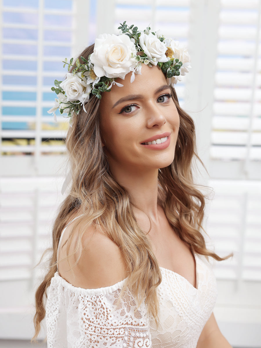 Artificial White Wedding Flower Crowns with Ivory Ribbon