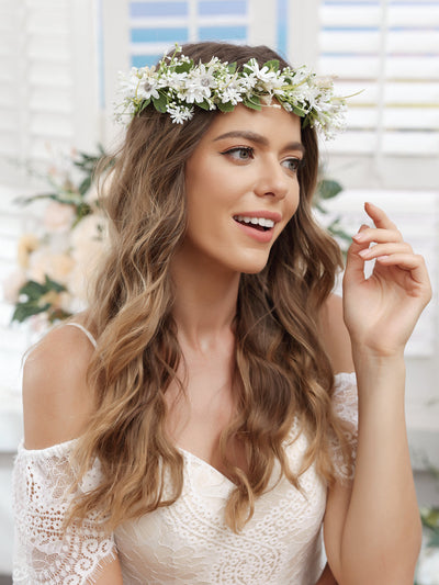 Artificial White Wedding Flower Crowns with Tulle Band