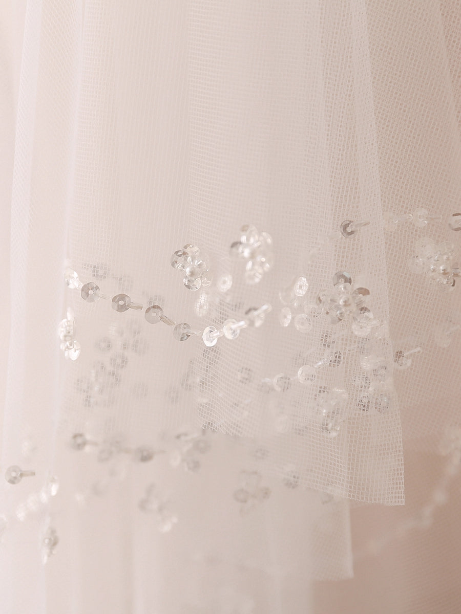 Fancy 2 Layer Tulle With Beading Sequin Wedding Veils