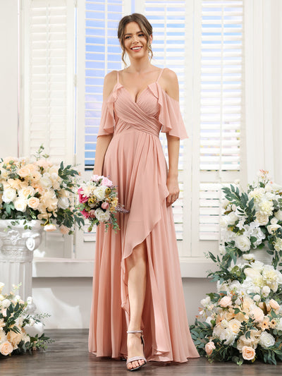 A-Line V-Neck Spaghetti Straps Short Sleeves Asymmetrical Chiffon Bridesmaid Dresses