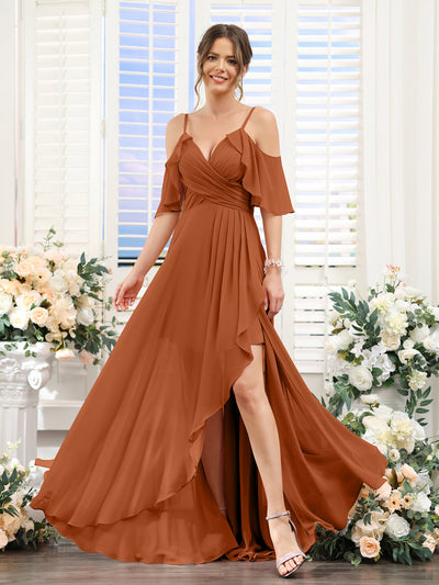 A-Line V-Neck Spaghetti Straps Short Sleeves Asymmetrical Chiffon Bridesmaid Dresses