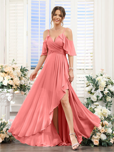 A-Line V-Neck Spaghetti Straps Short Sleeves Asymmetrical Chiffon Bridesmaid Dresses