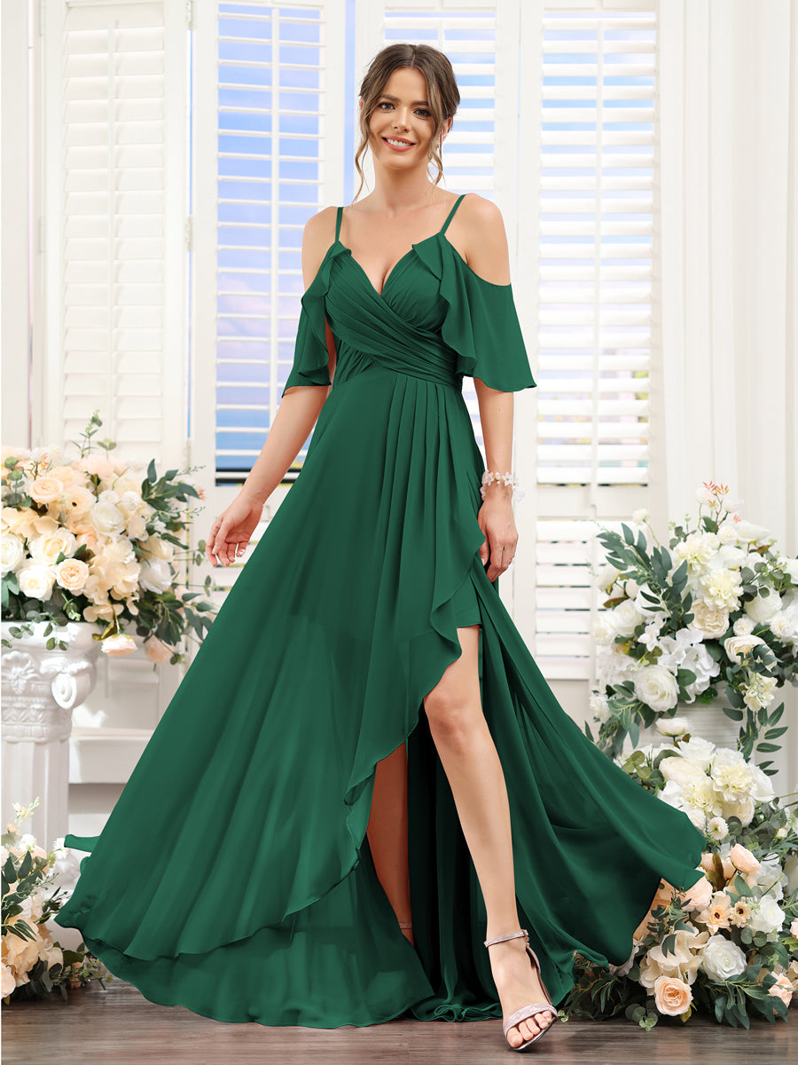 A-Line V-Neck Spaghetti Straps Short Sleeves Asymmetrical Chiffon Bridesmaid Dresses