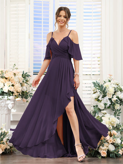 A-Line V-Neck Spaghetti Straps Short Sleeves Asymmetrical Chiffon Bridesmaid Dresses