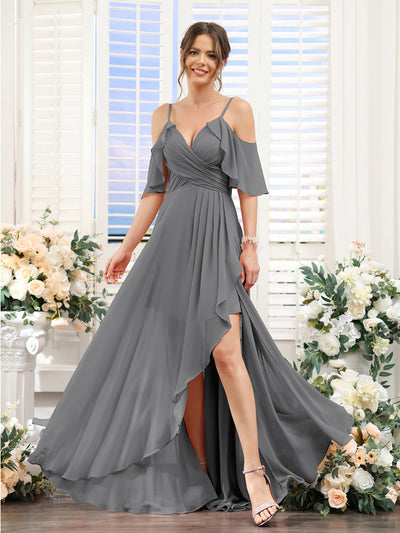 A-Line V-Neck Spaghetti Straps Short Sleeves Asymmetrical Chiffon Bridesmaid Dresses