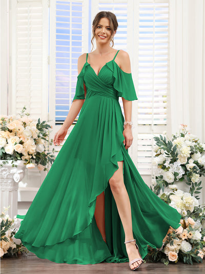 A-Line V-Neck Spaghetti Straps Short Sleeves Asymmetrical Chiffon Bridesmaid Dresses