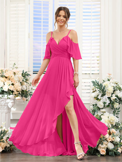 A-Line V-Neck Spaghetti Straps Short Sleeves Asymmetrical Chiffon Bridesmaid Dresses