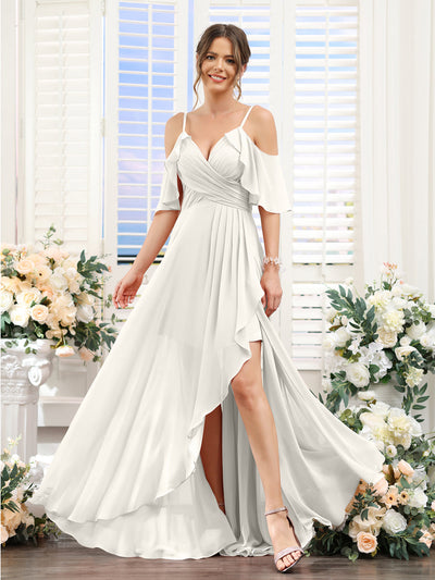 A-Line V-Neck Spaghetti Straps Short Sleeves Asymmetrical Chiffon Bridesmaid Dresses