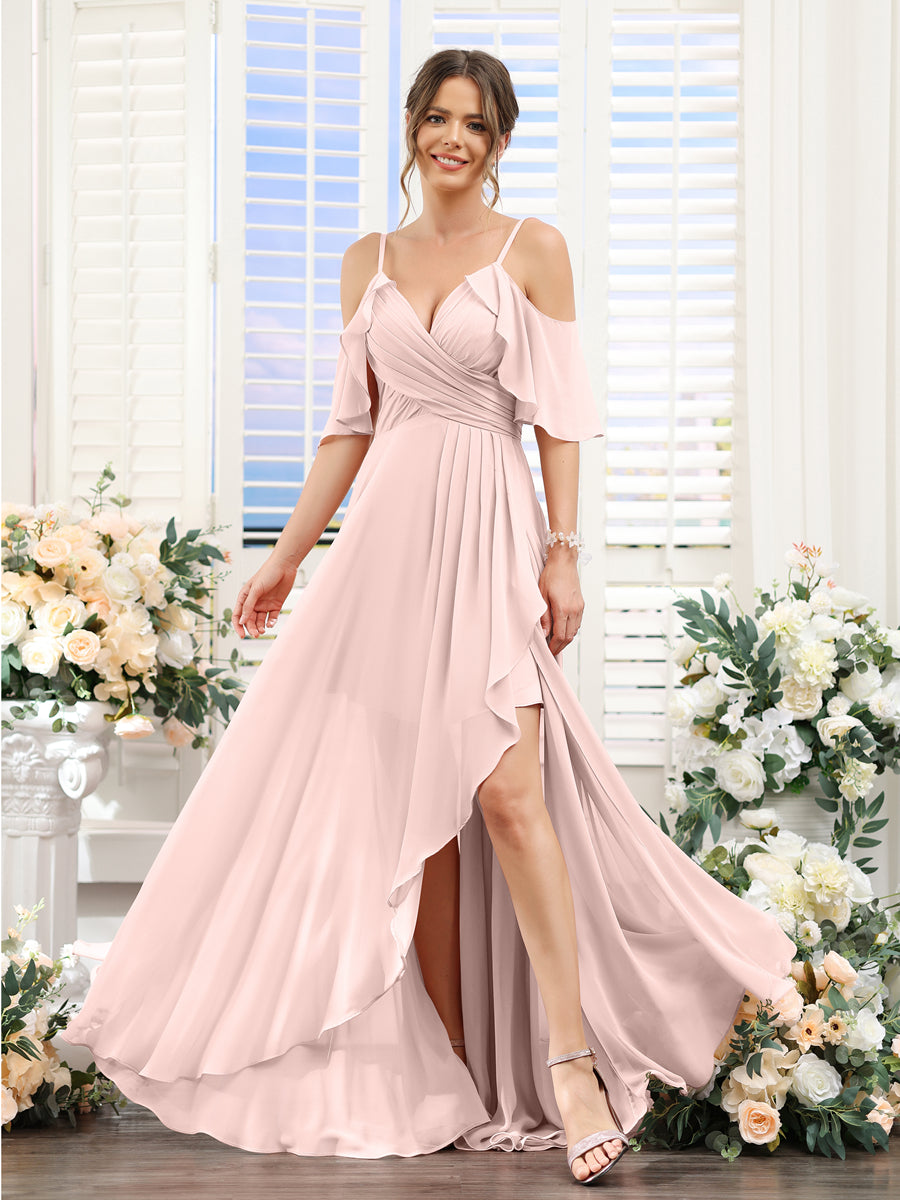 A-Line V-Neck Spaghetti Straps Short Sleeves Asymmetrical Chiffon Bridesmaid Dresses