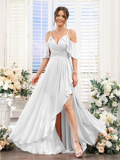 A-Line V-Neck Spaghetti Straps Short Sleeves Asymmetrical Chiffon Bridesmaid Dresses