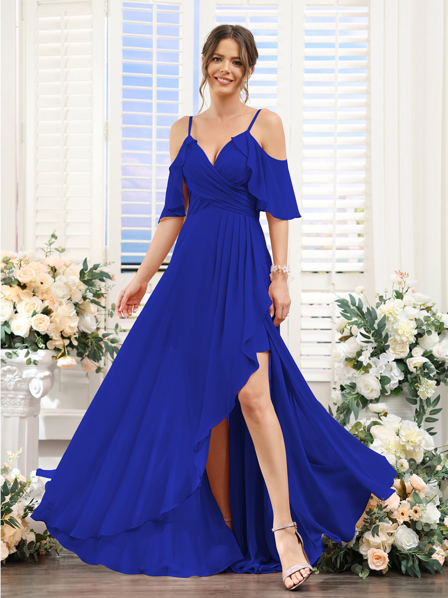 A-Line V-Neck Spaghetti Straps Short Sleeves Asymmetrical Chiffon Bridesmaid Dresses