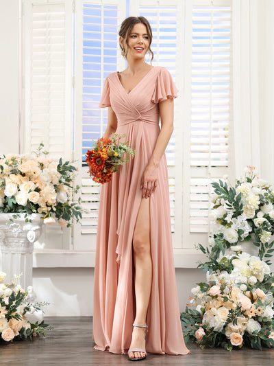 A-Line V-Neck Short Sleeves Split Side Chiffon Bridesmaid Dresses