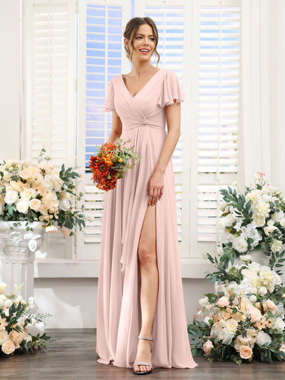 A-Line V-Neck Short Sleeves Split Side Chiffon Bridesmaid Dresses