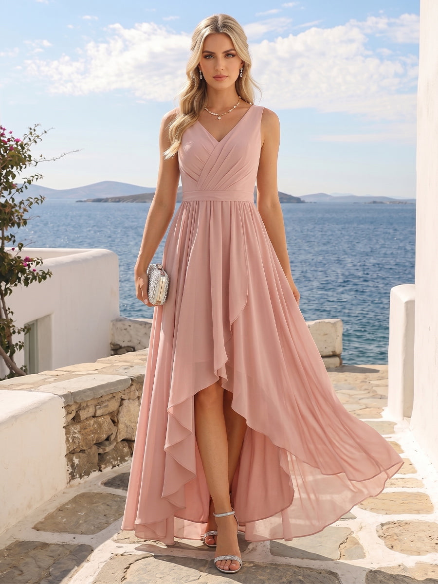 A-Line V-Neck Sleeveless Ruched Asymmetrical Chiffon Bridesmaid Dresses