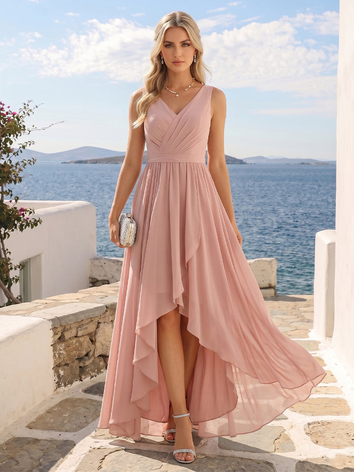 A-Line V-Neck Sleeveless Ruched Asymmetrical Chiffon Bridesmaid Dresses