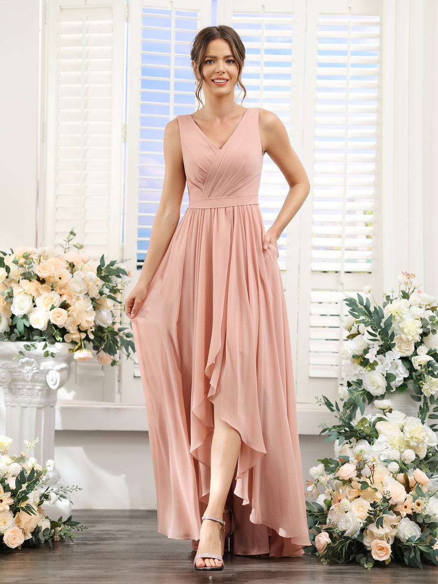 A-Line V-Neck Sleeveless Ruched Asymmetrical Chiffon Bridesmaid Dresses