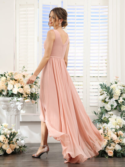 A-Line V-Neck Sleeveless Ruched Asymmetrical Chiffon Bridesmaid Dresses