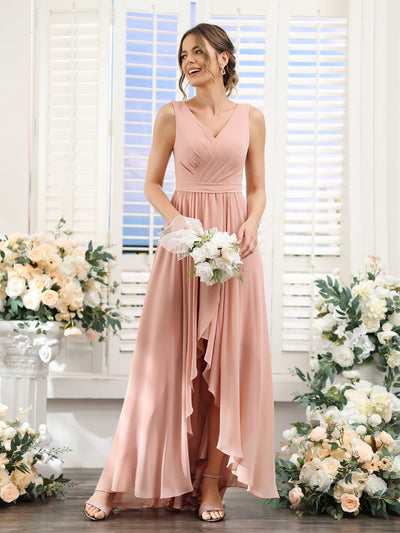 A-Line V-Neck Sleeveless Ruched Asymmetrical Chiffon Bridesmaid Dresses