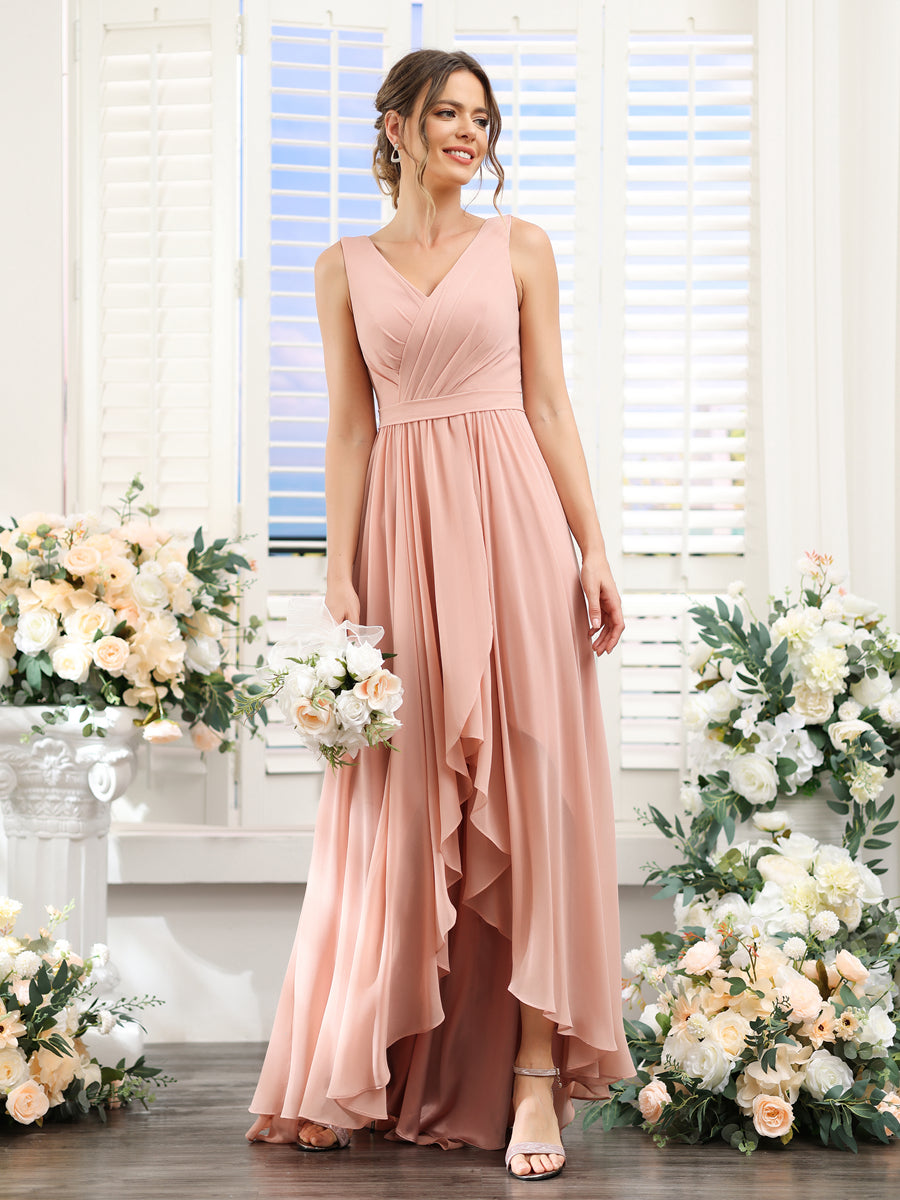 A-Line V-Neck Sleeveless Ruched Asymmetrical Chiffon Bridesmaid Dresses