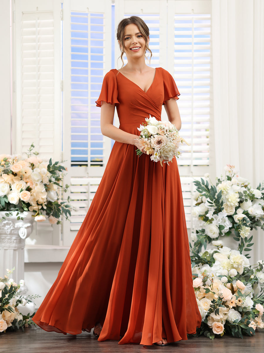 A-Line V-Neck Short Sleeves Split Side Ruched Chiffon Bridesmaid Dresses