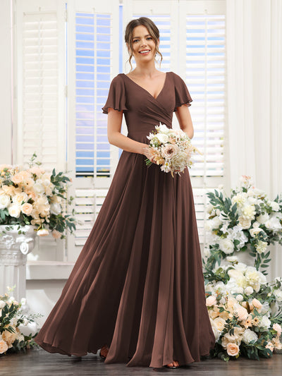 A-Line V-Neck Short Sleeves Split Side Ruched Chiffon Bridesmaid Dresses