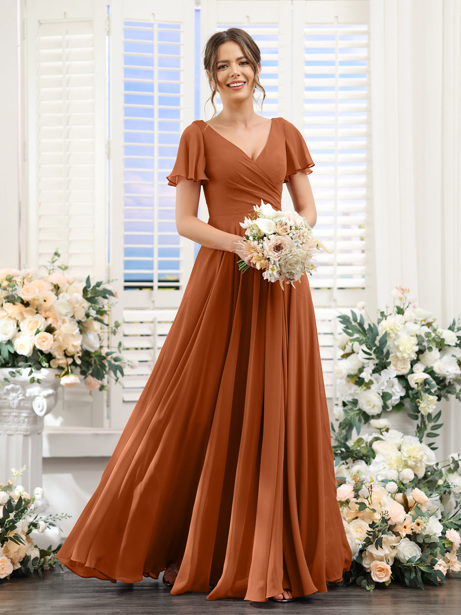 Lavetir Bridesmaid Dresses Burnt Orange A-Line V-Neck Short Sleeves Split Side Ruched Chiffon 2026