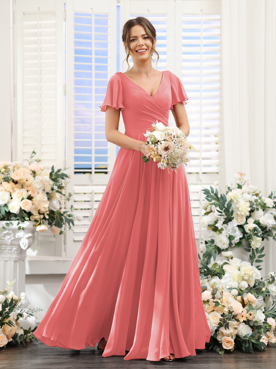 A-Line V-Neck Short Sleeves Split Side Ruched Chiffon Bridesmaid Dresses