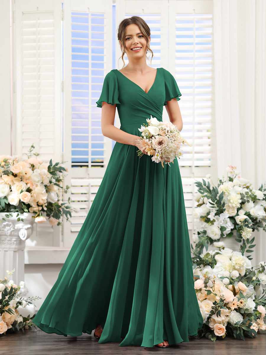 Lavetir Bridesmaid Dresses Dark Green A-Line V-Neck Short Sleeves Split Side Ruched Chiffon 2026