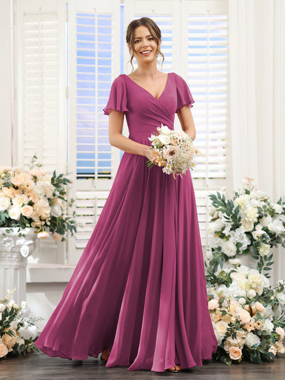 A-Line V-Neck Short Sleeves Split Side Ruched Chiffon Bridesmaid