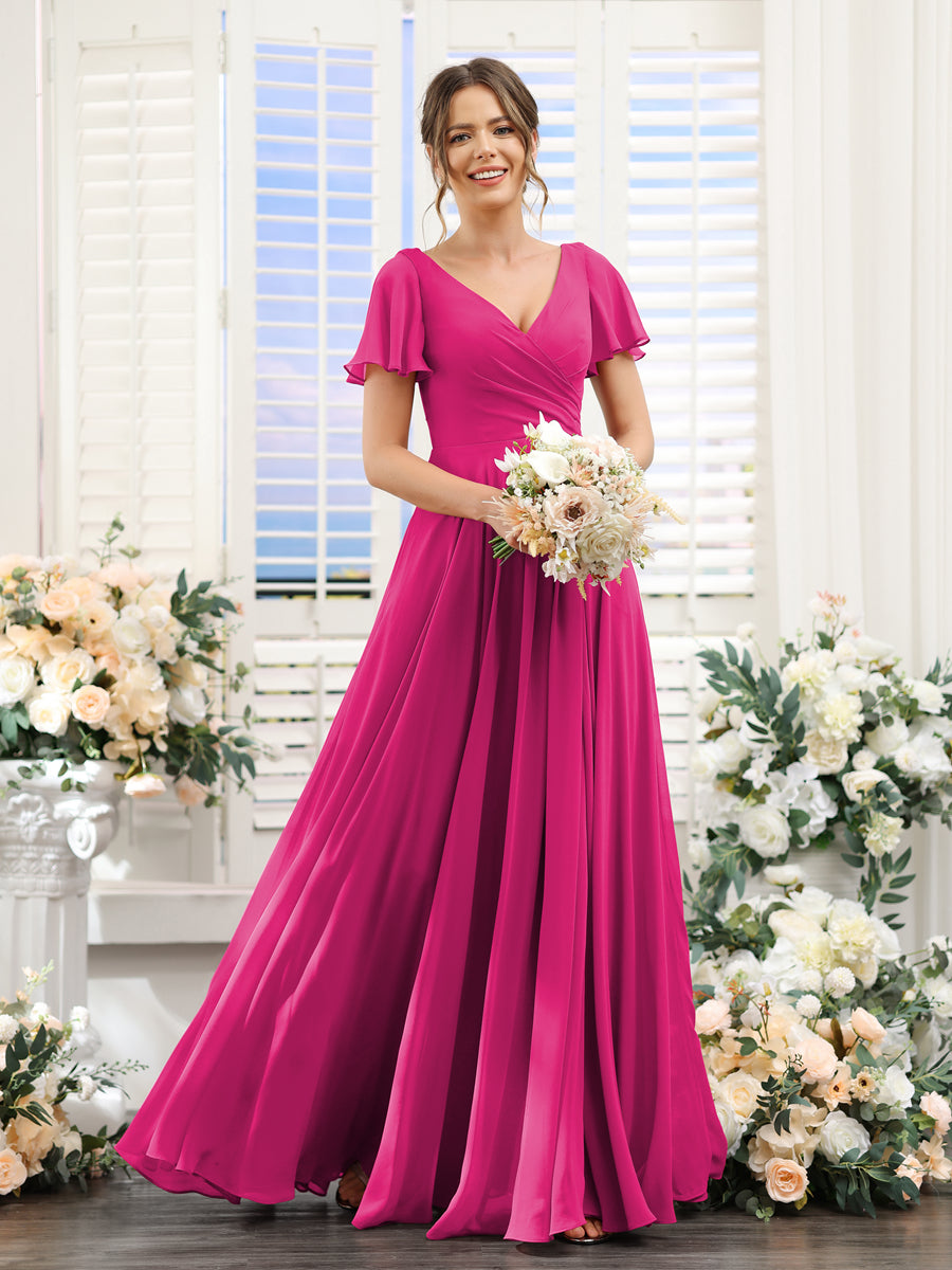 Lavetir Bridesmaid Dresses Fuchsia A-Line V-Neck Short Sleeves Split Side Ruched Chiffon 2026
