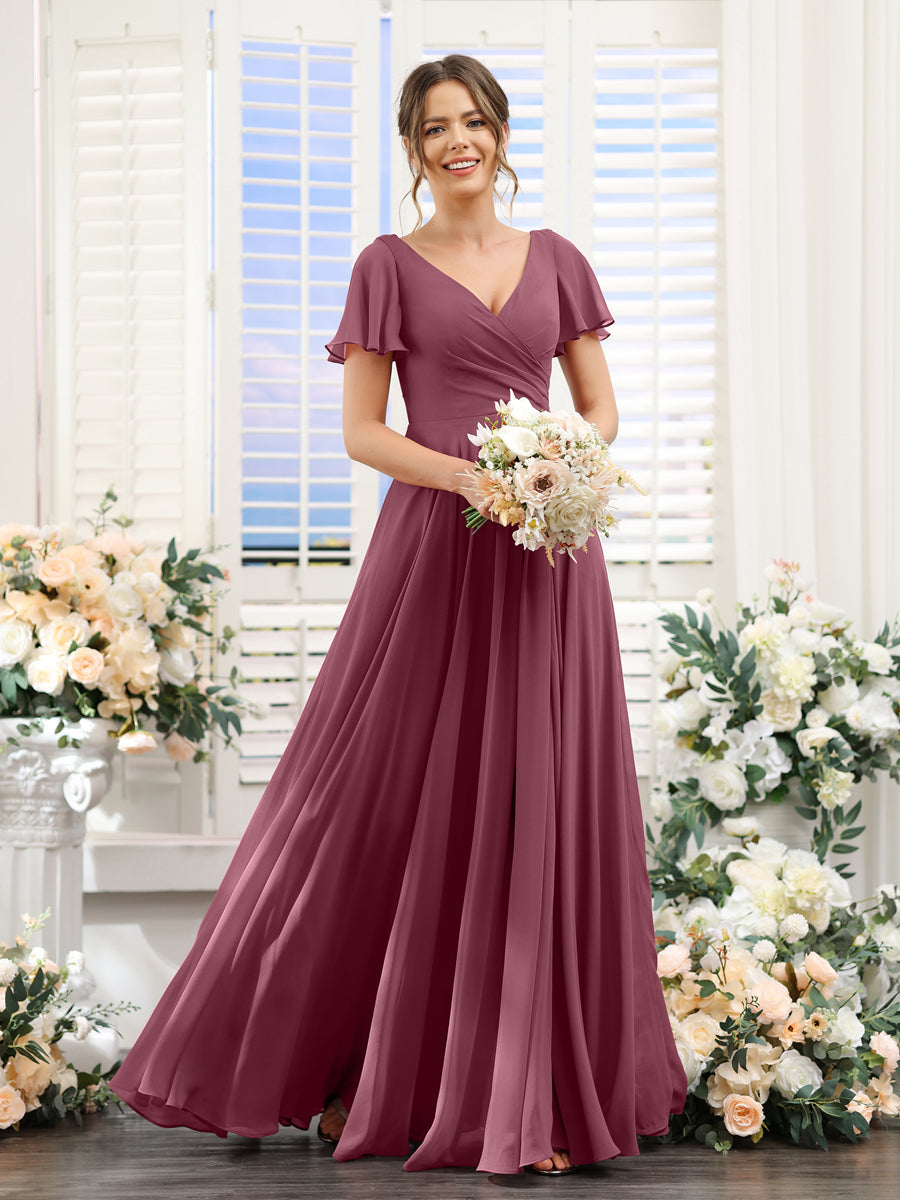 A-Line V-Neck Short Sleeves Split Side Ruched Chiffon Bridesmaid Dresses