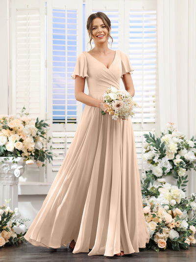 A-Line V-Neck Short Sleeves Split Side Ruched Chiffon Bridesmaid Dresses