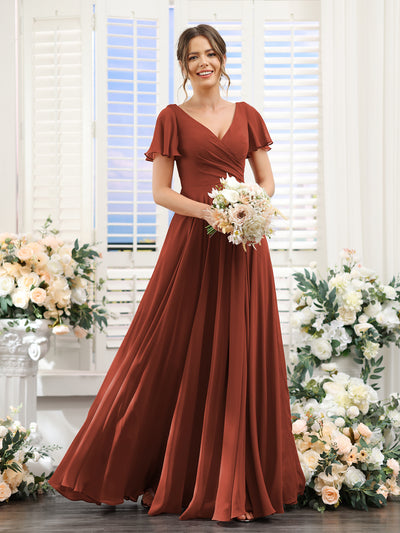 A-Line V-Neck Short Sleeves Split Side Ruched Chiffon Bridesmaid Dresses