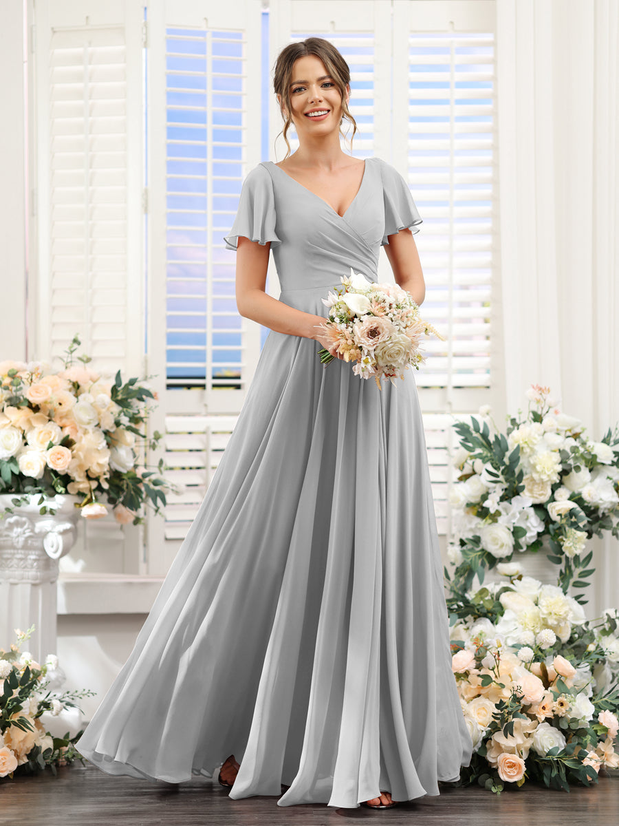 A-Line V-Neck Short Sleeves Split Side Ruched Chiffon Bridesmaid Dresses