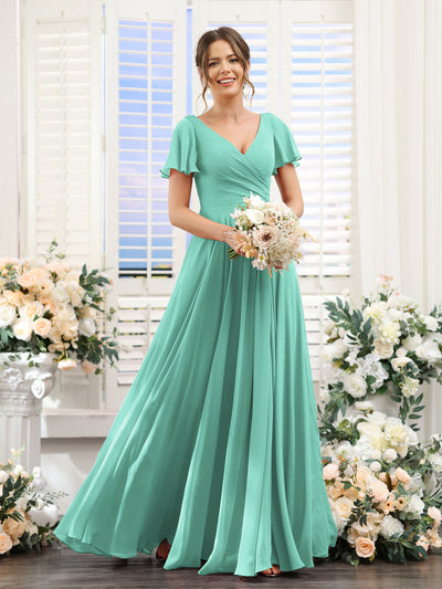 A-Line V-Neck Short Sleeves Split Side Ruched Chiffon Bridesmaid Dresses