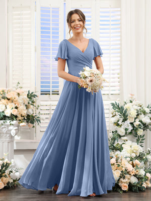 steel blue short bridesmaid dresses Lavetir Bridesmaid Dresses Dusty Blue A-Line V-Neck Short Sleeves Split Side Ruched Chiffon 2026