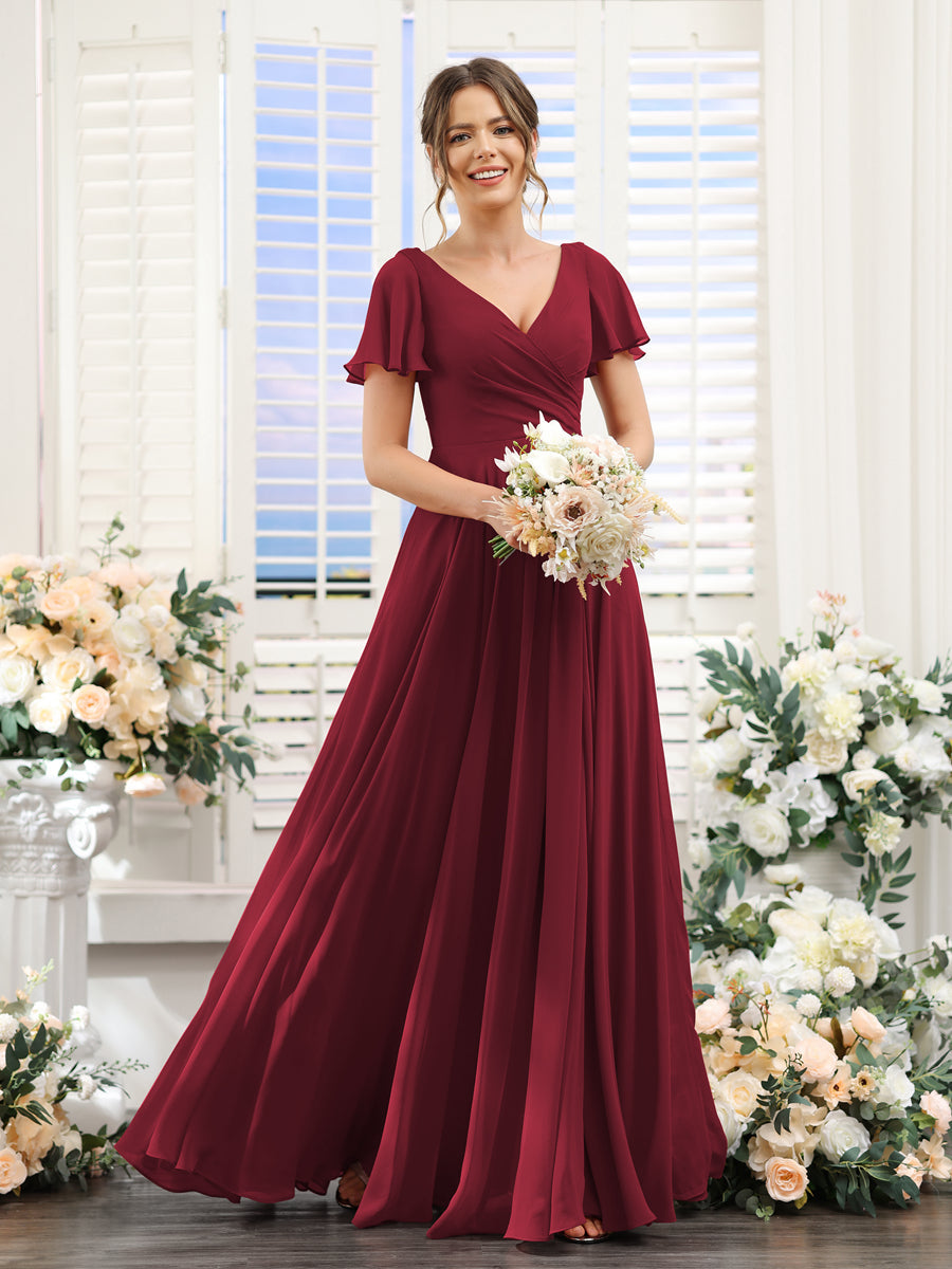 A-Line V-Neck Short Sleeves Split Side Ruched Chiffon Bridesmaid Dresses