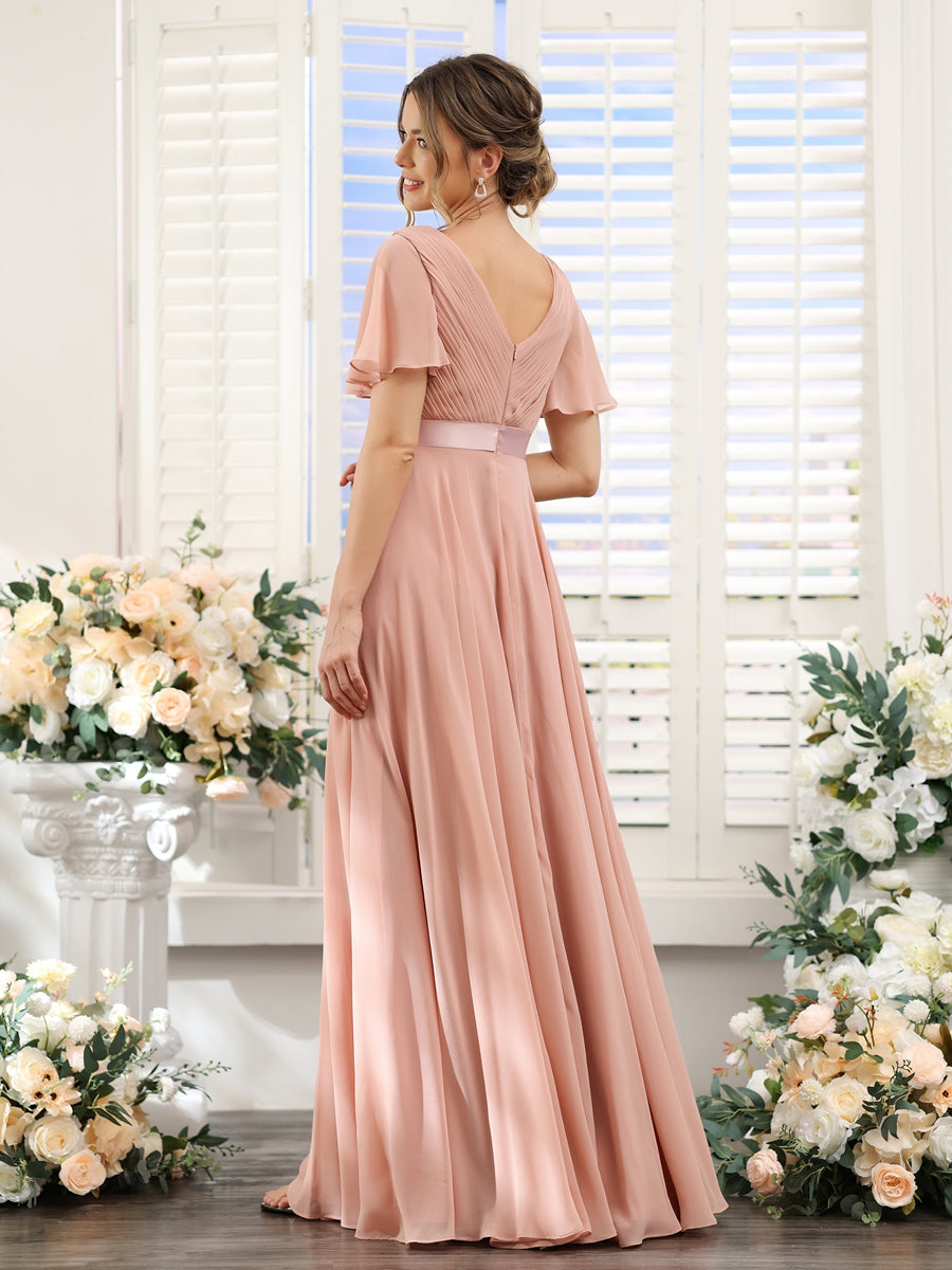 A-Line V-Neck Short Sleeves Chiffon Bridesmaid Dresses with Pockets