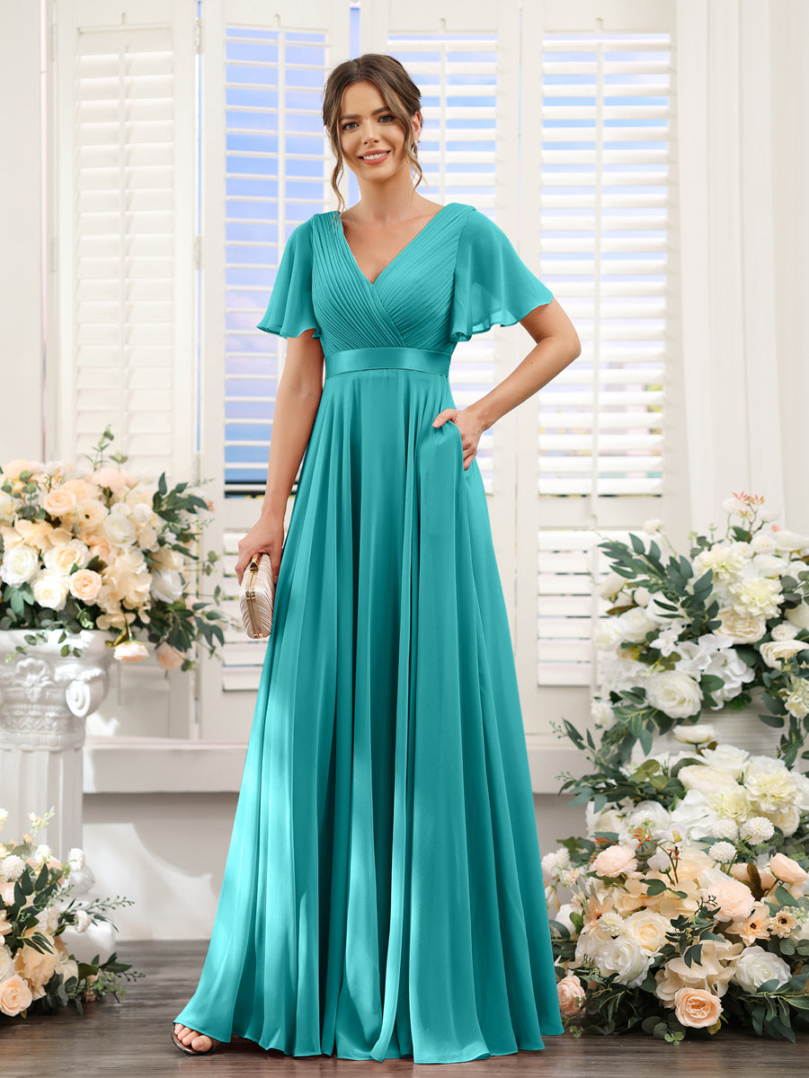 Lavetir Chiffon Bridesmaid Dresses with Pockets A-Line V-Neck Short Sleeves 2026 Aqua Blue