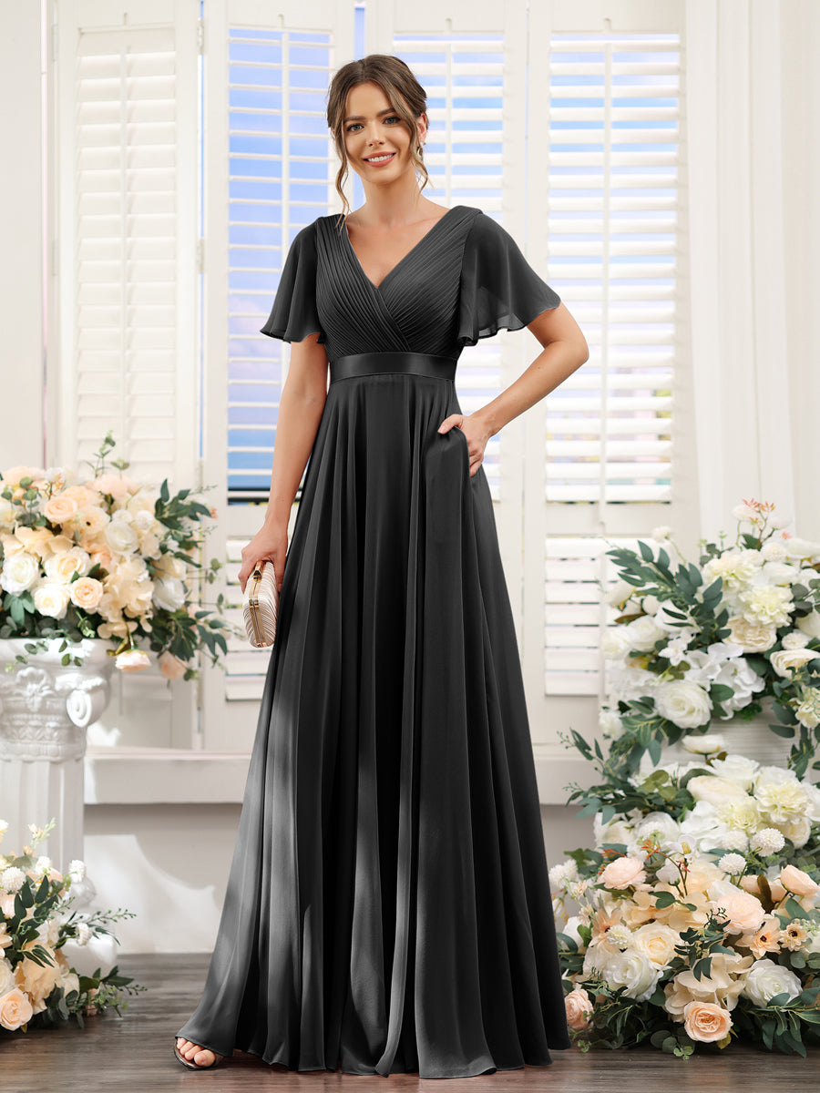 A-Line V-Neck Short Sleeves Chiffon Bridesmaid Dresses with Pockets