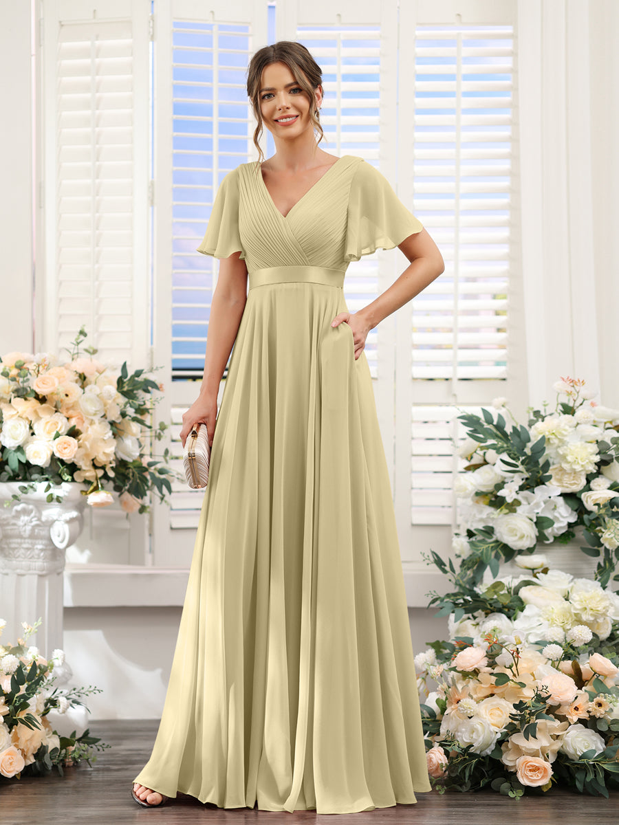 Lavetir Chiffon Bridesmaid Dresses with Pockets A-Line V-Neck Short Sleeves 2026 Pearl Pink