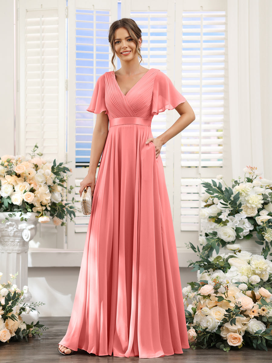 A Line V Neck Short Sleeves Chiffon Bridesmaid Dresses with