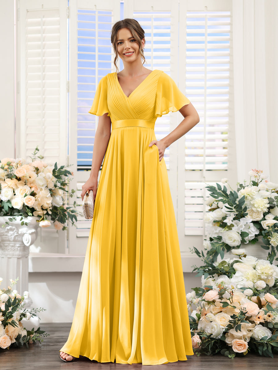 A-Line V-Neck Short Sleeves Chiffon Bridesmaid Dresses with Pockets