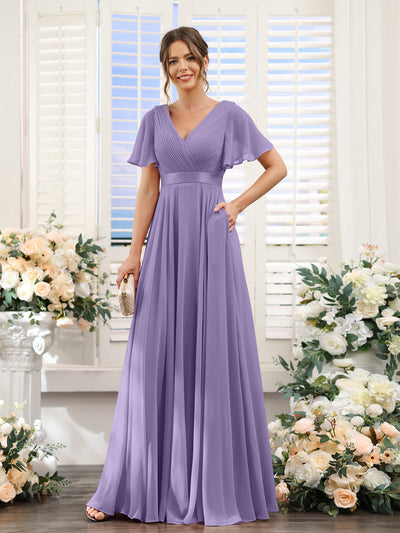 A-Line V-Neck Short Sleeves Chiffon Bridesmaid Dresses with Pockets